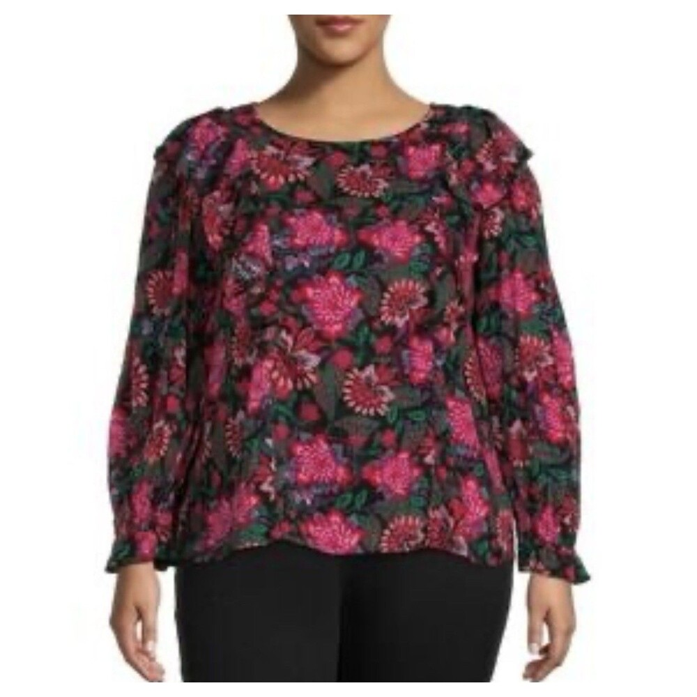 Terra Sky Top Floral Print Ruffle Neck Long Sleeve Blouse Womens 1X, 16W-18W NWT